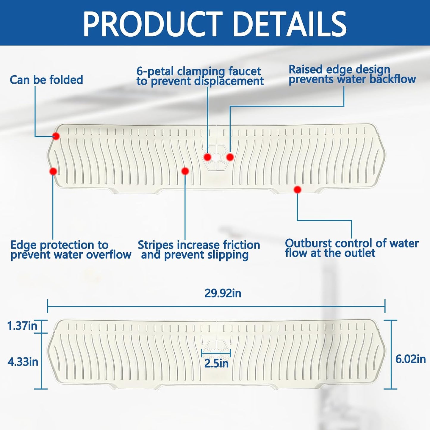 Kitchen Sink Splash Guard Gen2-30" x 6'' Silicone Sink Mat Splash Guard fit for Countertop, Bathroom,Farmhouse,RV by EBIGIC (Grey)