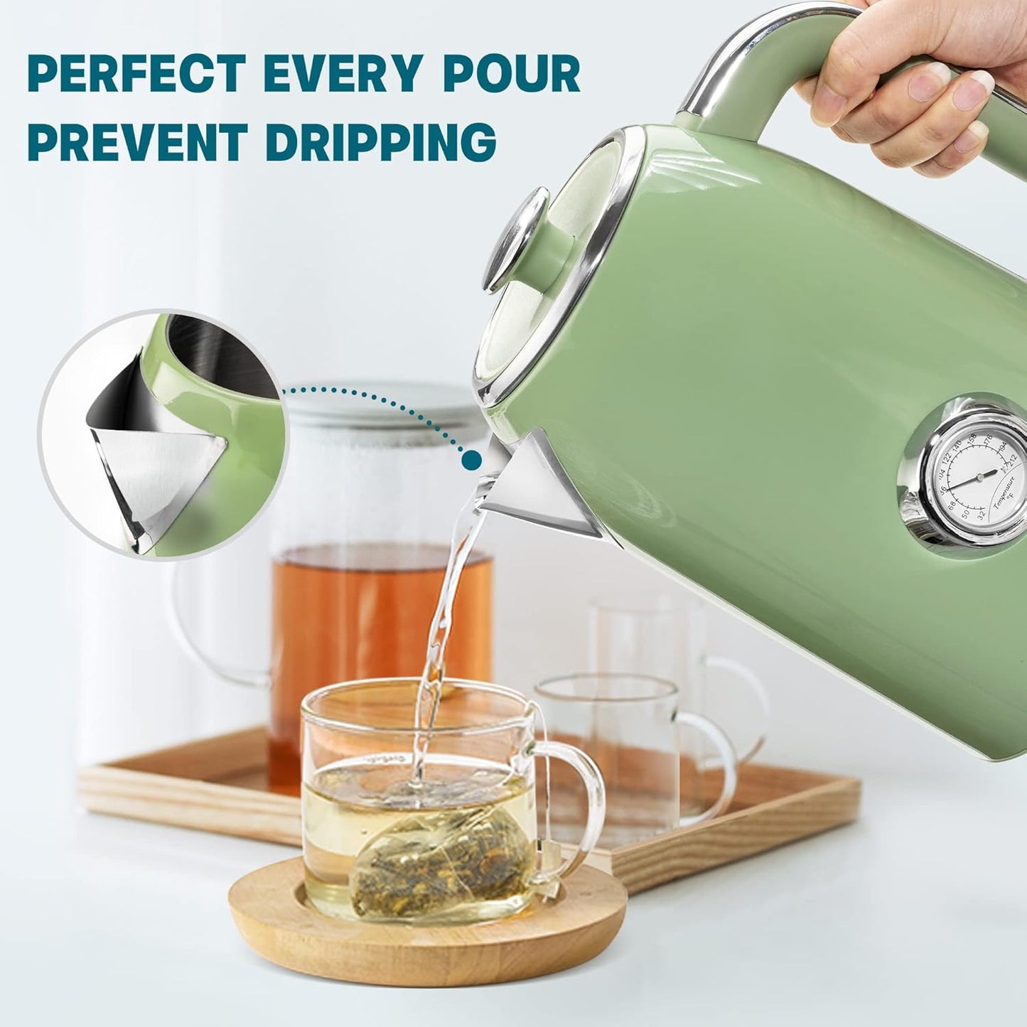 SUSTEAS 57oz Electric Kettle with Thermometer, Hot Water Pot, Retro Green | Electric Tea Kettle for Boiling Water, 1500W Stainless Steel Pot, Cordless LED Indicator, Auto Shut-Off & Boil Dry Protection