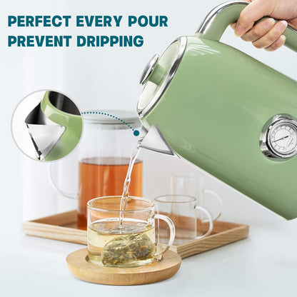 SUSTEAS 57oz Electric Kettle with Thermometer, Hot Water Pot, Retro Green | Electric Tea Kettle for Boiling Water, 1500W Stainless Steel Pot, Cordless LED Indicator, Auto Shut-Off & Boil Dry Protection