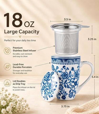 AmorArc Tea Cup With Infuser and Lid, 18oz Loose Leaf Tea Mug With Steeper | Porcelain Tea Mug With Infuser and Lid, Strainer Tea Cup for Tea Lovers, Home & Office, Housewarming Birthday Gift