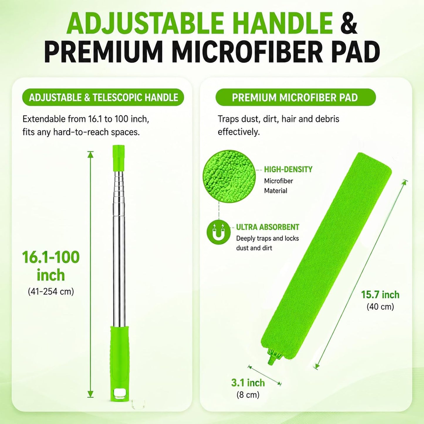 Retractable Gap Dust Cleaner with Extension Pole & 3 Microfiber Cloths | Cleaning Tools with 3 Microfiber Dusting Cloths | Long Handle Duster 30-100'' | Under Refrigerator Furniture Appliance Blue