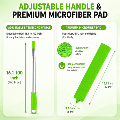 Retractable Gap Dust Cleaner with Extension Pole & 3 Microfiber Cloths | Cleaning Tools with 3 Microfiber Dusting Cloths | Long Handle Duster 30-100'' | Under Refrigerator Furniture Appliance Blue