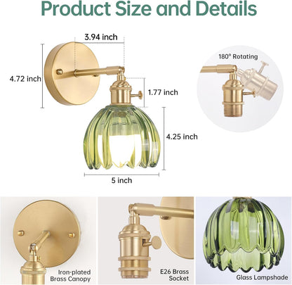 Shenmoyl Vintage Battery Operated Wall Sconce with Green Tulip Glass Lampshade Rechargeable Battery Powered Wall Light with Remote Control for Bedside Bedroom Doorway