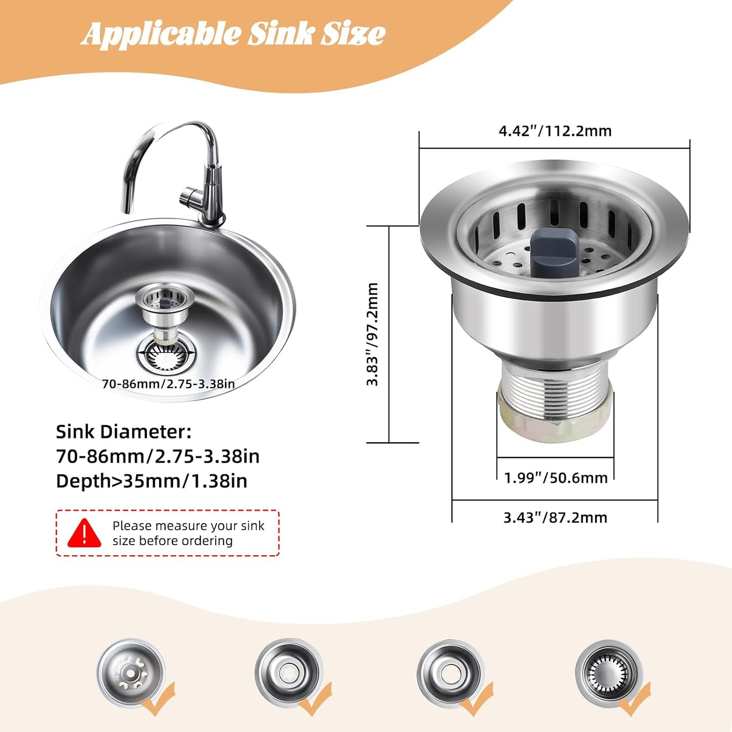 Universal 3 in 1 Kitchen Sink Drain Strainer Stopper Combo, Matte Black | Stainless Steel Shell Pop Up Sink Stopper for US Standard 3-1/2 inch Drain Filter, Anti-Clog and Easy Clean