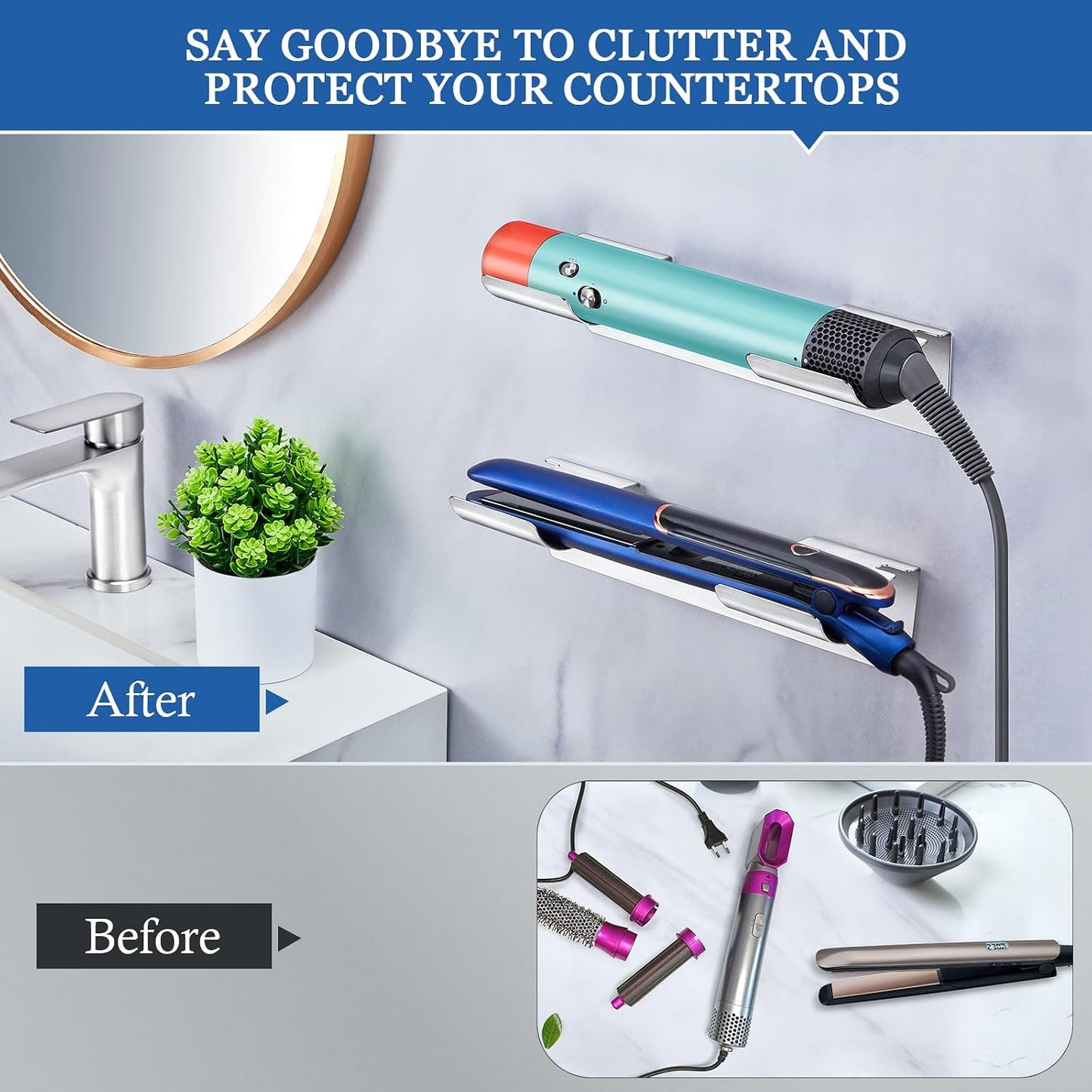 2 PCS Wall Mount Curling Iron Holder and Hair Tool Organizer with Adhesive, Multifunctional Hot Flat Iron and Hair Straightener Holder Storage Stand for Vanity, Cabinet and Wall, White