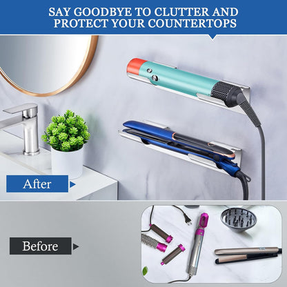 2 PCS Wall Mount Curling Iron Holder and Hair Tool Organizer with Adhesive, Multifunctional Hot Flat Iron and Hair Straightener Holder Storage Stand for Vanity, Cabinet and Wall, White