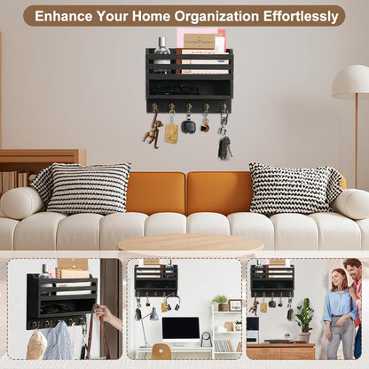 Key Holder Wall Mount with Mail Organizer, 5 Key Hooks, Brown | Wood Mail Organizer Wall Mounted with 5 Key Hooks & Storage Box and Mail Organizer for Entryway, Apartment, Home and Office