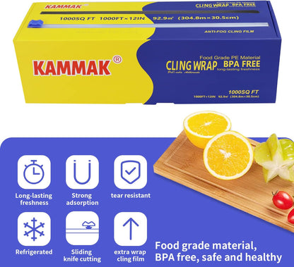 KAMMAK Plastic Wrap Food Cling Wrap with Slide Cutter 15 inch Restaurant Cling Film 2000 Ft Bulk Roll Refillable Food Service Cling Wrap Dispenser Quick Cut Anti-Fog Cling Film for Kitchen