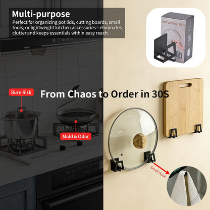 4 Pack Pot Lid Holders with Hook, Pot and Pan Hangers for Kitchen Inside Cabinet Wall Mount Rack Cabinet Door Lid Organizer, Save More Space, Black