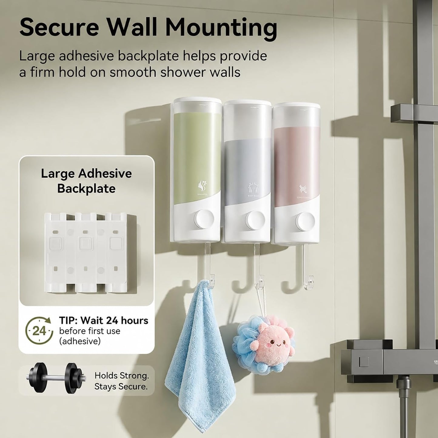 Shampoo and Conditioner Dispenser Wall Mounted with Hooks, 3-Chamber 1200ML Shower Soap Dispenser, No-Drill Bathroom Shower Organizer for Shampoo, Conditioner, Body Wash（Gun Grey）
