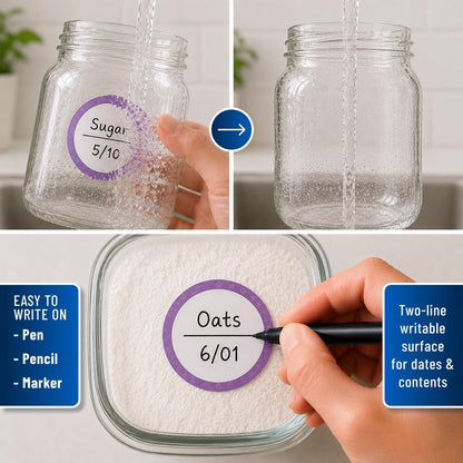 Water Soluble Labels for Food Containers – Dissolvable Kitchen Labels – No Sticky Residue – 2" Diameter, Two-Line Writable Surface, 200 Labels Per Roll (Purple)
