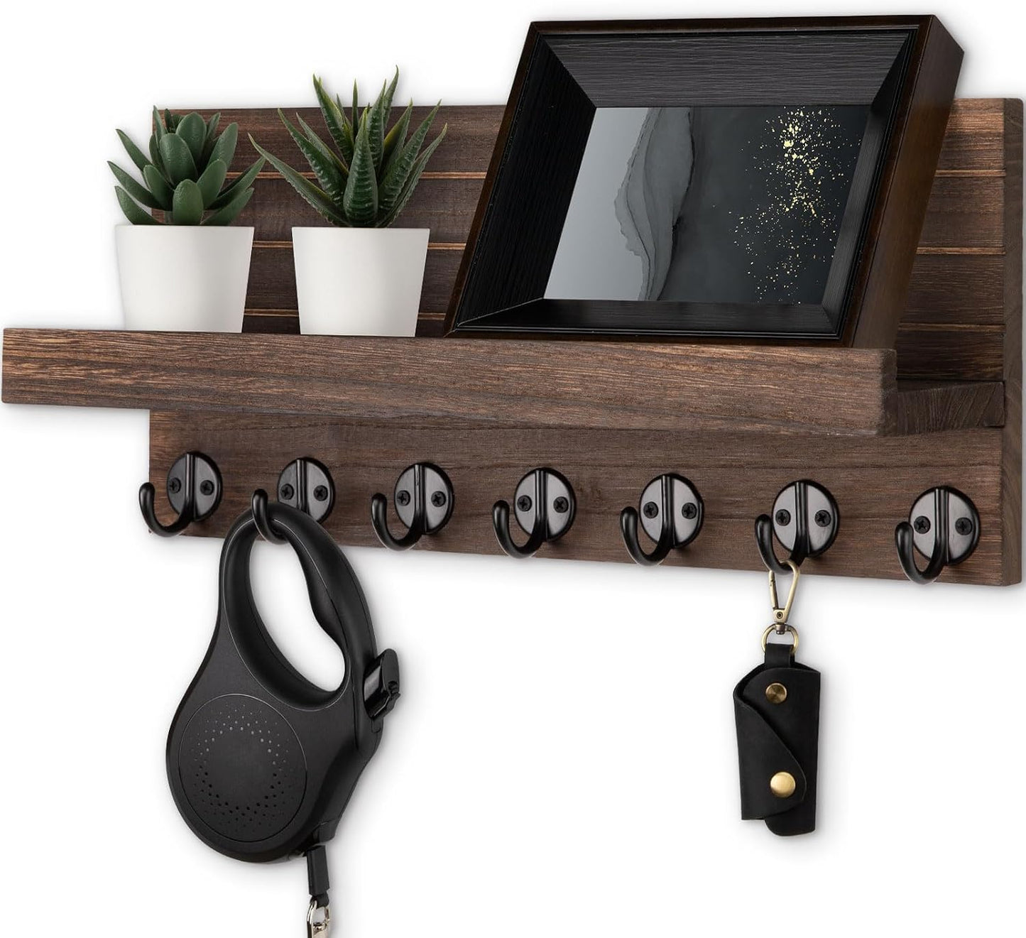 Lwenki Key Holder Wall Mount, Entryway Key and Mail Holder with 7 Sturdy Hooks for Sunglasses, Dog Leash, Decorative Wall Shelf with Mounting Hardware, 15”W x 6.7”H x 4.2”D