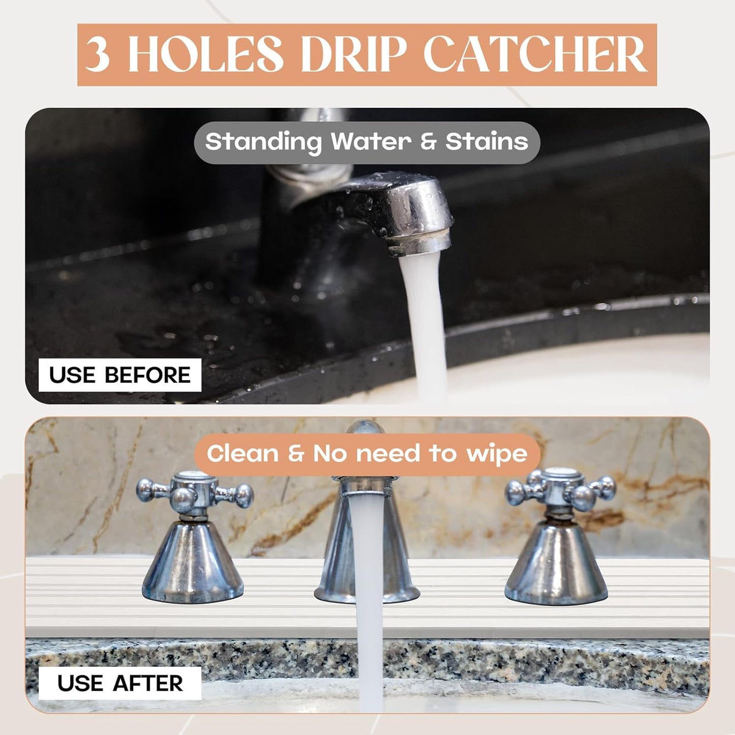 Teenyyou 3 Hole White Faucet Mat for Kitchen Sink Bathroom 16.1" x 5" Kitchen Faucet Absorbent Mat Diatomite Splash Guard Quick Drying Stone Drip Catcher Hole 2.24" Holes Spaced About 1.77 "