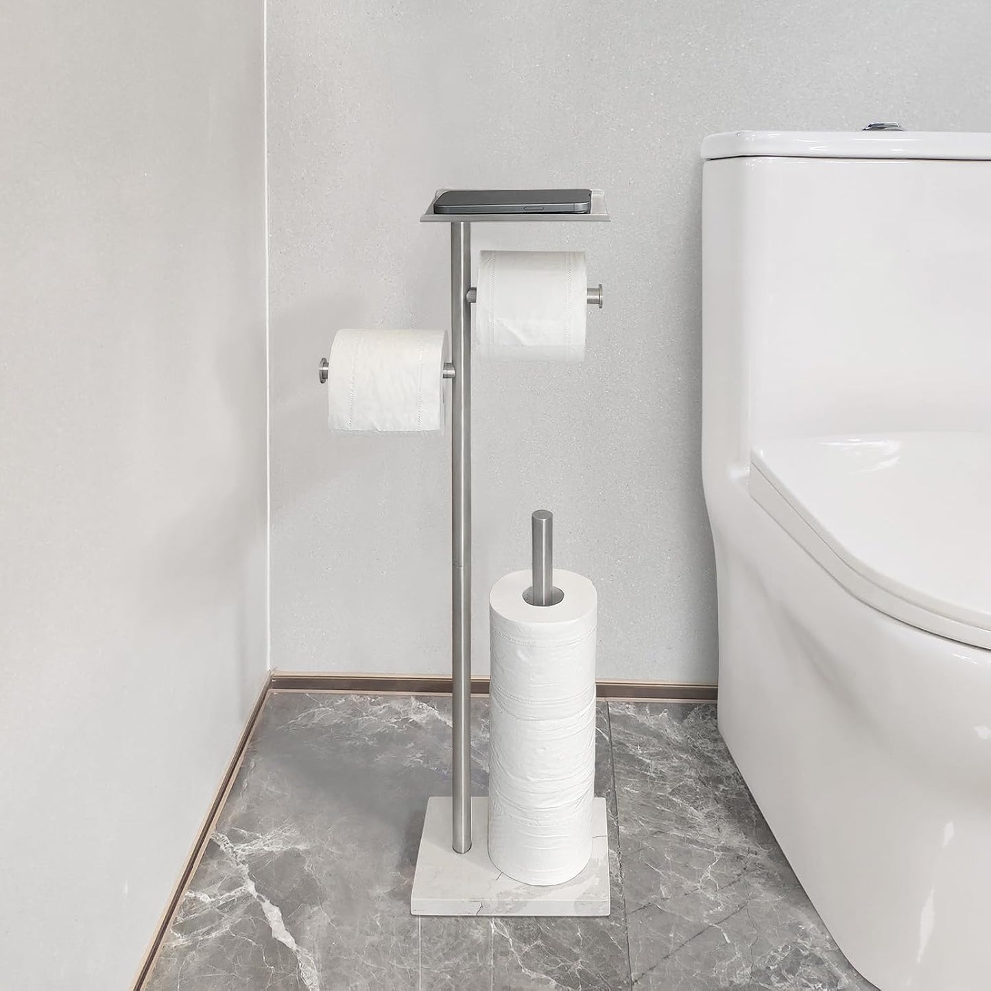 GZILA Toilet Paper Holder Stand with Shelf, Marble Base Heavy Free Standing Toilet Paper Double Roll Holders SUS304 Stainless Steel Brushed Nickel, Storages 4 Reserve Rolls Dispenser