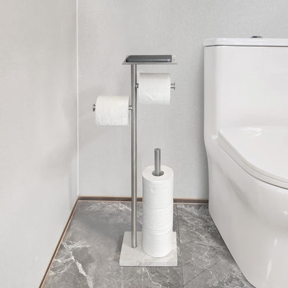 GZILA Toilet Paper Holder Stand with Shelf, Marble Base Heavy Free Standing Toilet Paper Double Roll Holders SUS304 Stainless Steel Brushed Nickel, Storages 4 Reserve Rolls Dispenser