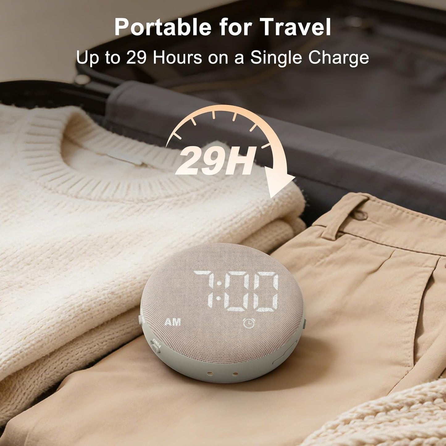 SolaceRise Extra Loud Alarm Clock Vibrating Bed Shaker for Heavy Sleepers | Auto-Dim Digital Clock for Hearing Impaired Deaf - Portable Rechargeable Battery for Bedroom Travel Dorm - Putty