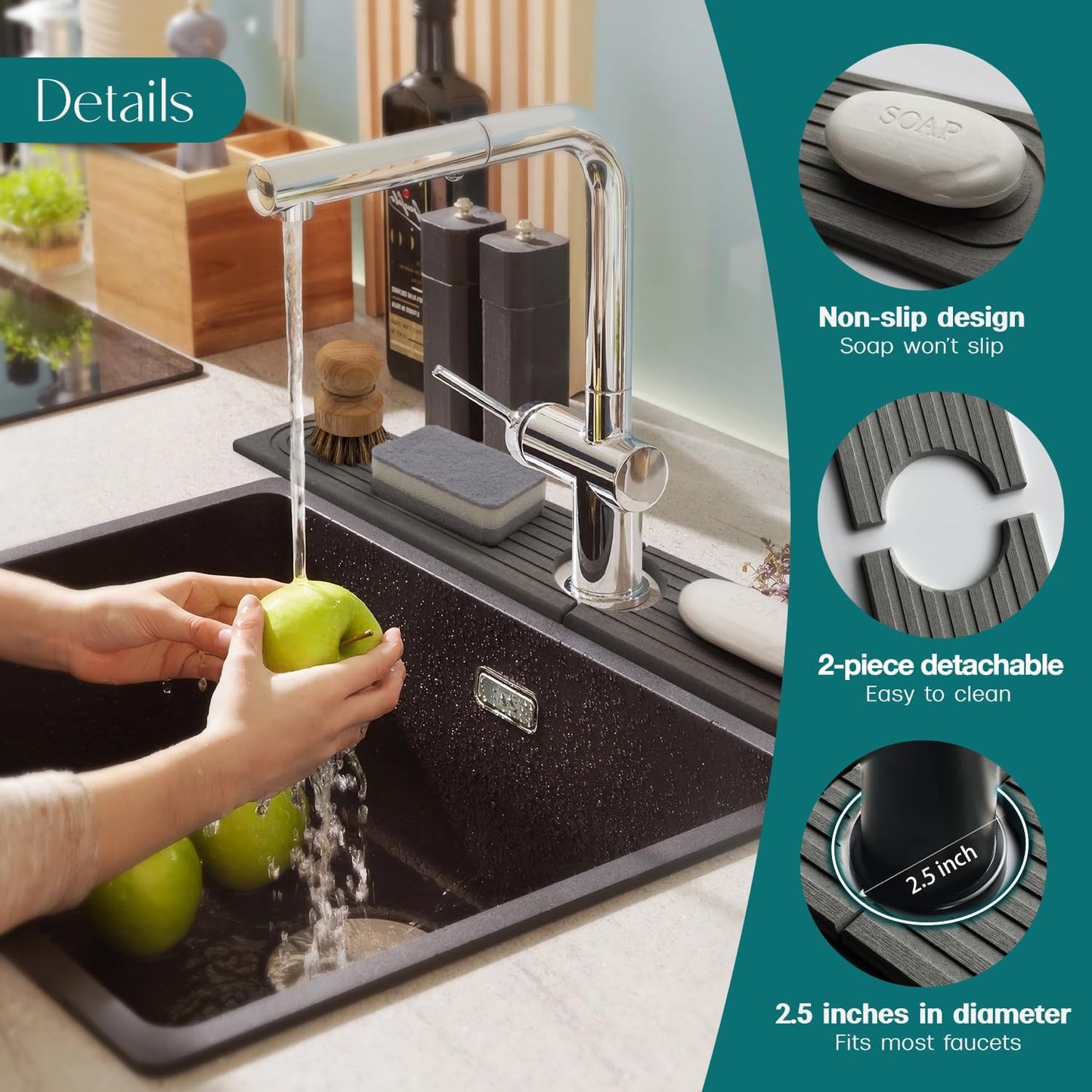Stone Faucet Mat for Kitchen Sink – Diatomite Drying Stone Mat & Sink Protector, Prevents Moisture – Sink Splash Guard Water-Absorbing Stone Tray for Bathroom Counter (Light Grey, 20" x 3.9")