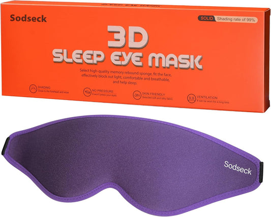 3D Contoured Sleep Eye Mask, Zero Eye Pressure Light Blocking Sleeping Mask, Night Blindfold with Adjustable Strap, Ultra Comfort Eye Shade Cover for Side Sleeper Men Women, Travel (Purple)