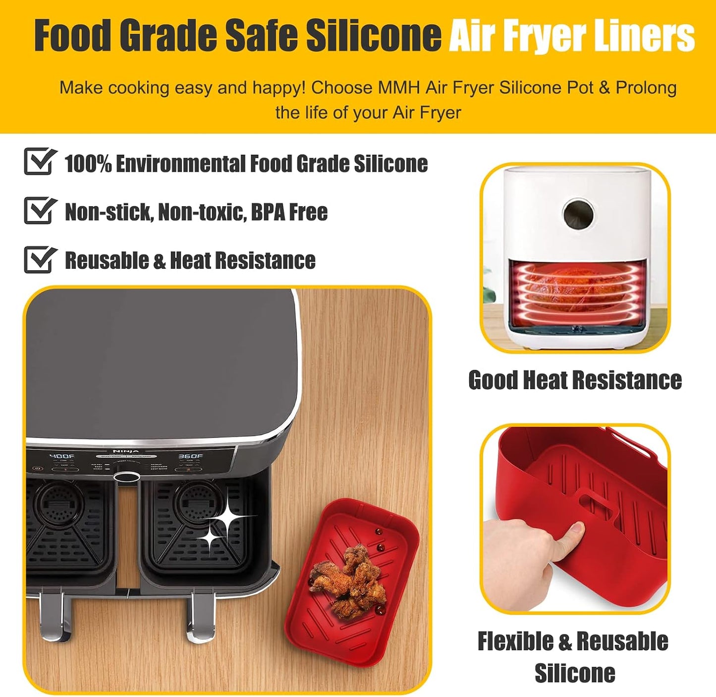 2Pcs Air Fryer Silicone Liners Rectangular for Ninja Foodi Dual DZ201 8QT | DZ090 6QT/Ninja DoubleStack SL201 8QT, MMH Reusable Airfryer Pot Baking Basket | Non-stick | Easy Cleaning | Food Safe | Gray