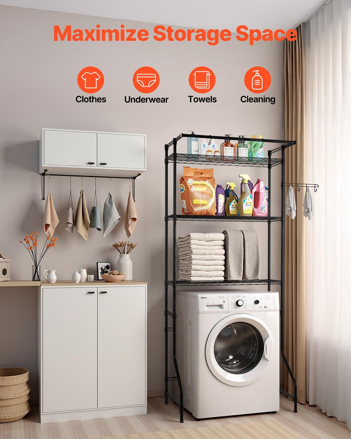 VEVOR Over The Washer and Dryer Storage Shelf, 3 Tier Laundry Room Drying Rack with Hanger Rod and Hooks, Adjustable Over Washer and Dryer Shelves, Laundry Room Shelf Storage Space Saver, White