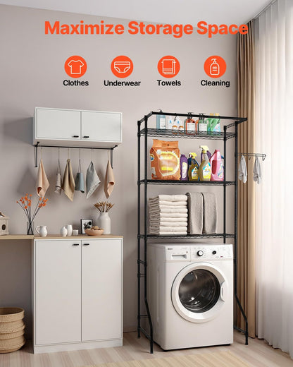 VEVOR Over The Washer and Dryer Storage Shelf, 3 Tier Laundry Room Drying Rack with Hanger Rod and Hooks, Adjustable Over Washer and Dryer Shelves, Laundry Room Shelf Storage Space Saver, White