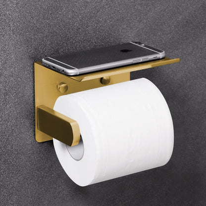 VAEHOLD Self Adhesive Toilet Paper Holder with Phone Shelf Stainless Steel Wall Mounted Toilet Paper Roll Holder - Rustproof and Bathroom Washroom Tissue Roll Holder with Shelf - Black
