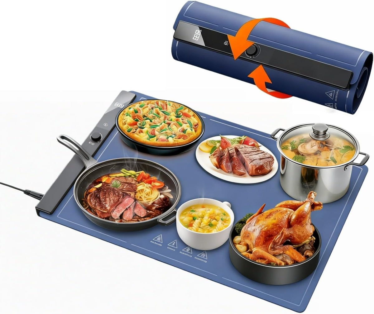 Electric Food Warming Mat 24"x16", Warming Tray with 6 Level Adjustable Temperature, Heating Fastly in 10s, Timed Function & Kids Lock, Portable Roll-Up Mat for Family Gatherings, Buffets and Parties