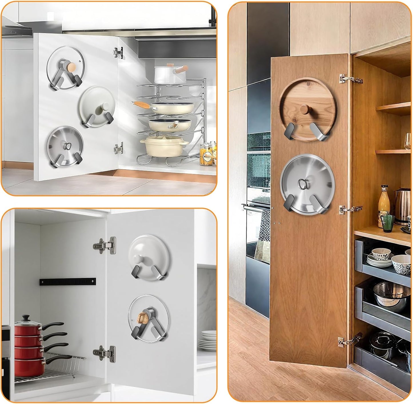 2 PCS Adjustable Pot Lid Holder, No Drill Adhesive Mount, Pot Lid Organizer for Cabinet Door/Wall Mounted, Fits 6-14" Lids