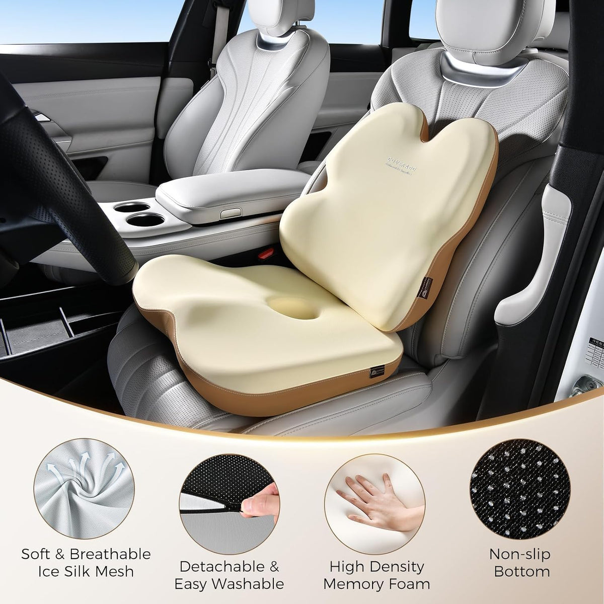 Coverado Lumbar Support Pillow and Seat Cushions for Office Chairs, Memory Foam Orthopedic Coccyx Cushion for Tailbone Pain Cushion Pillow & Back Pain Pressure Relief Seat Cushion Coffee&Beige