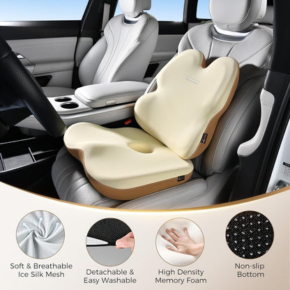 Coverado Lumbar Support Pillow and Seat Cushions for Office Chairs, Memory Foam Orthopedic Coccyx Cushion for Tailbone Pain Cushion Pillow & Back Pain Pressure Relief Seat Cushion Coffee&Beige