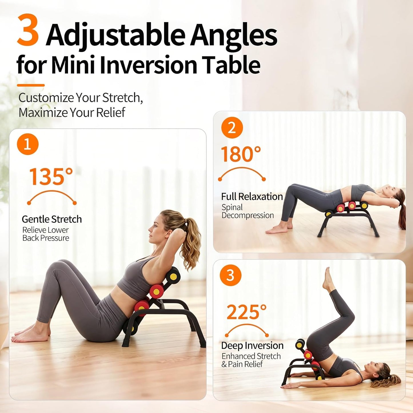 Mini Inversion Table with Rollers, Back Extension Machine | Back Pain Relief, Easy to Assemble & 297LBS Weight Capacity, Spinal Decompression Table for Home Gym (Red)