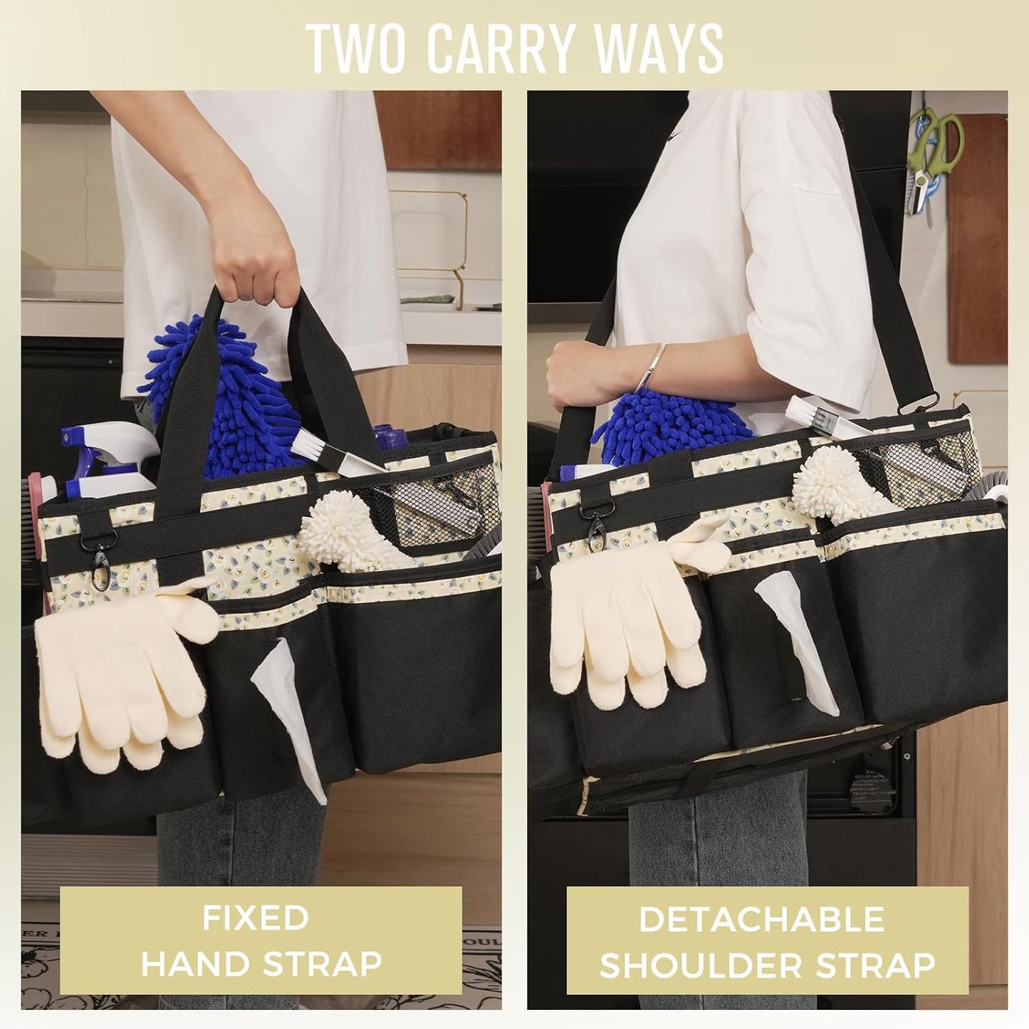 SCAVATA Wearable Cleaning Caddy, Cleaning Caddy Supplies Organizer with Handle & Shoulder Straps for Housekeepers, Under Sink & Car Cleaning Tool Organizers Bag with 4 Foldable Divider (NavyBlue)
