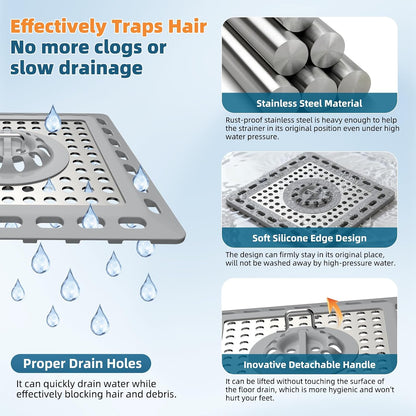 Hibbent Upgraded Shower Drain Hair Catcher for Bathroom Floor 4" Drain, Anti-Clogging Shower Drain Cover, Stainless Steel & Silicone Drain Strainer with Handle, Shower Drain Protector, Grey