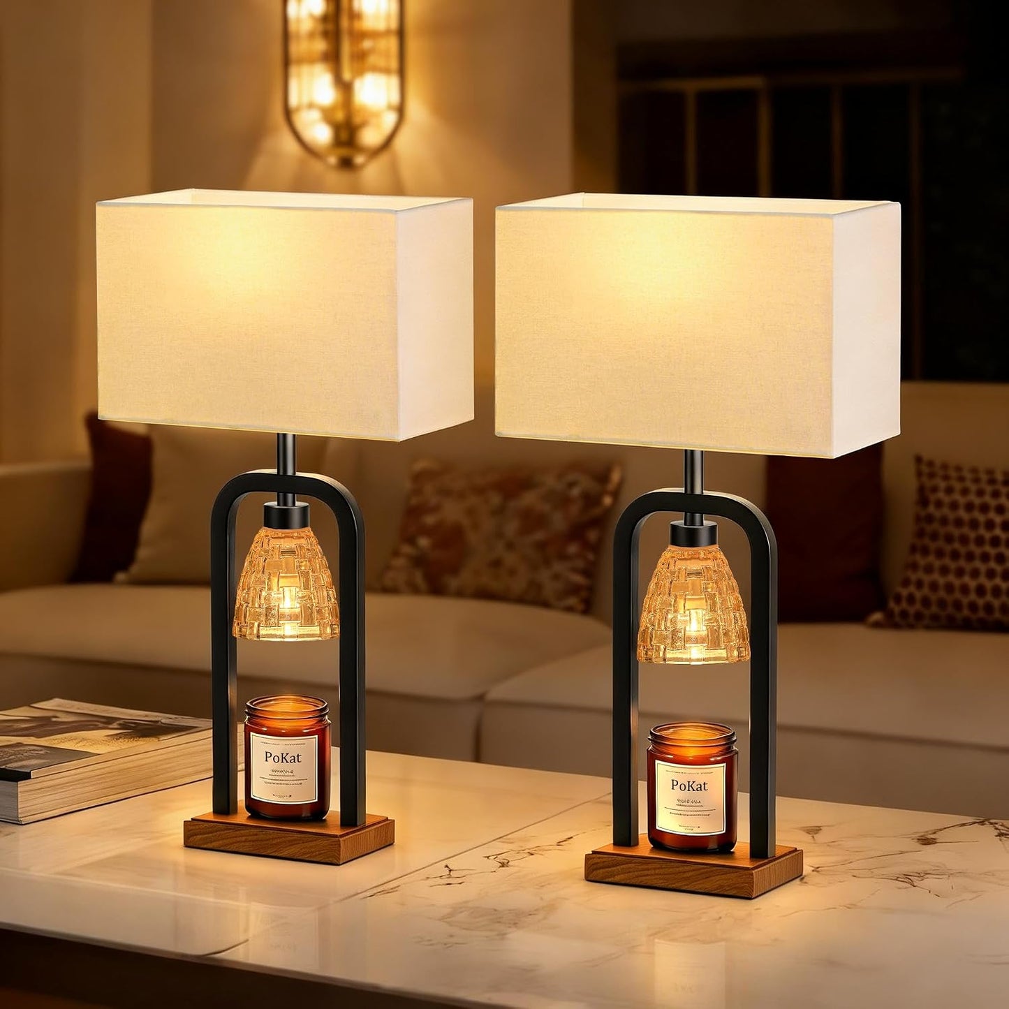 PoKat Gold Table Lamp Candle Warmer, Candle Warmer Lamp with Timer Dimmer, Wax Light Warming Table Lamp for Jar Candles, Modern Bedside Lamp for House Warming Home Decor Living Room, Bulb Included