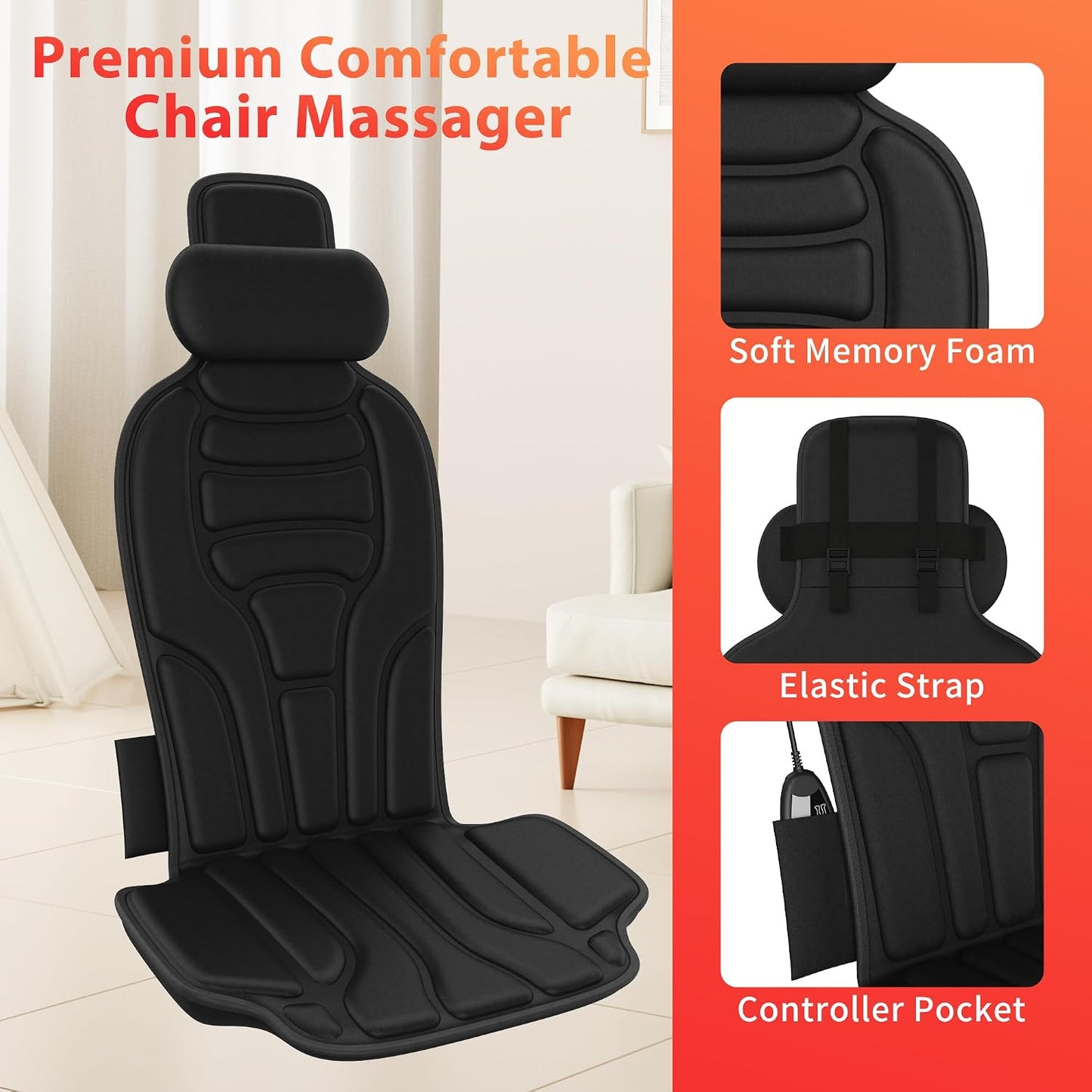 Massage Seat Cushion with Heat and Cooling Fan, Vibration Back Massager for Chair with 6 Motors, Chair Massager Pad for Office Chair, Sofa and Recliner, Jet-Black