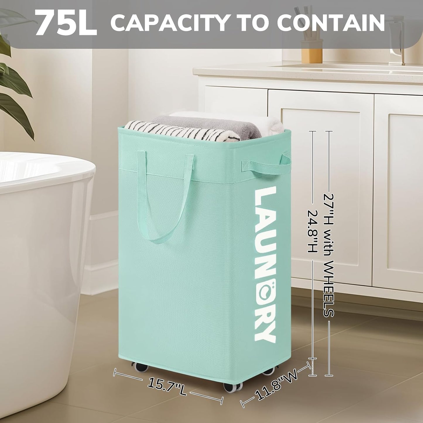 Goodpick 75L Laundry Basket with Wheels & Removable Wash Bag for Dorm | Rolling Laundry Basket with Handles for Dirty Clothes, Fodable Hamper for Laundry Room, Dorm Room Essentials, Grey