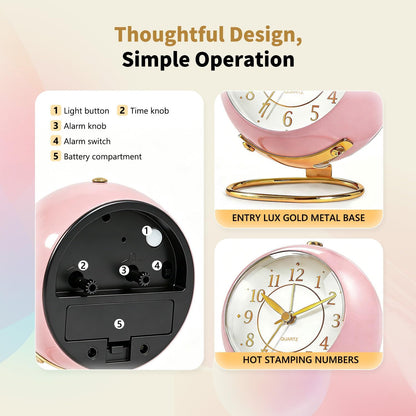 Analog Alarm Clock, Retro Small Desk Clock with Night Light, Backlight Cute Simple Design, Silent Non-Ticking, Battery Powered, Clock for Bedroom,Travel,Kitchen,Bedside Desktop Decor