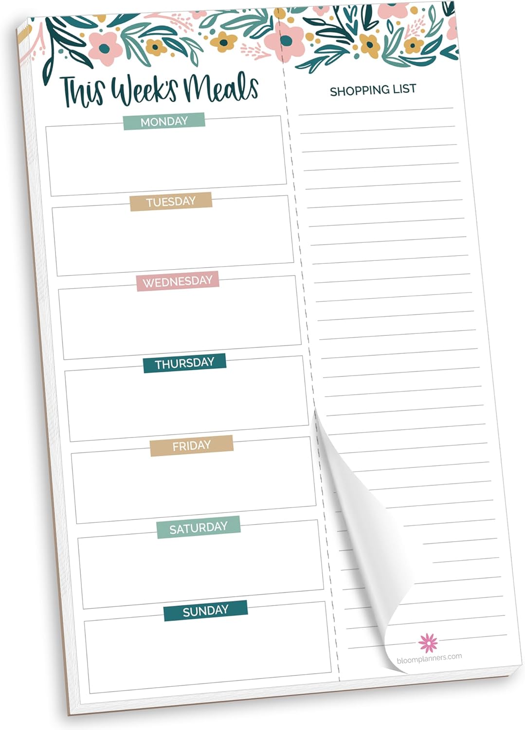 bloom daily planners Weekly Meal Planning Pad - Magnetic Hanging Refrigerator Menu Planner with Tear-Off Sheets & Perforated Grocery Shopping Lists - 6” x 9” (Pink Floral)