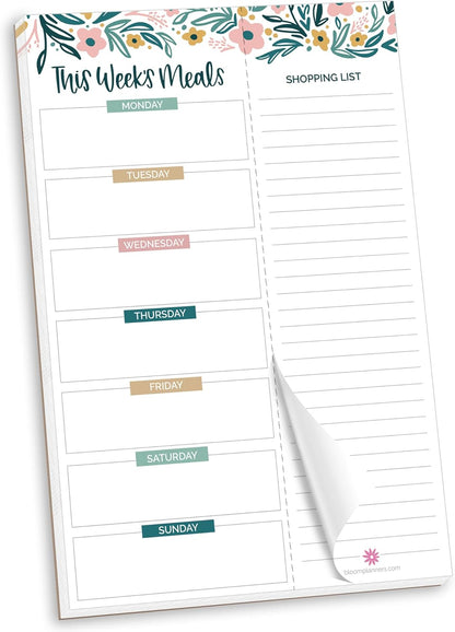bloom daily planners Weekly Meal Planning Pad - Magnetic Hanging Refrigerator Menu Planner with Tear-Off Sheets & Perforated Grocery Shopping Lists - 6” x 9” (Pink Floral)