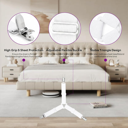 2 Pack Bed Sheet Holders - Adjustable Criss Cross Sheet Strap White