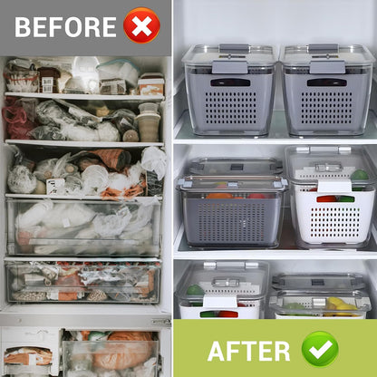 LUXEAR 4 Pack Fruit Vegetable Containers for Fridge, Produce Saver Container with Lids &Removable Colander BPA-free Refrigerator Storage Organizer for Fruit Vegetable, Berry, Meat keep Fresh Longer | BPA Free with Removable Colanders Leak-proof Fridge