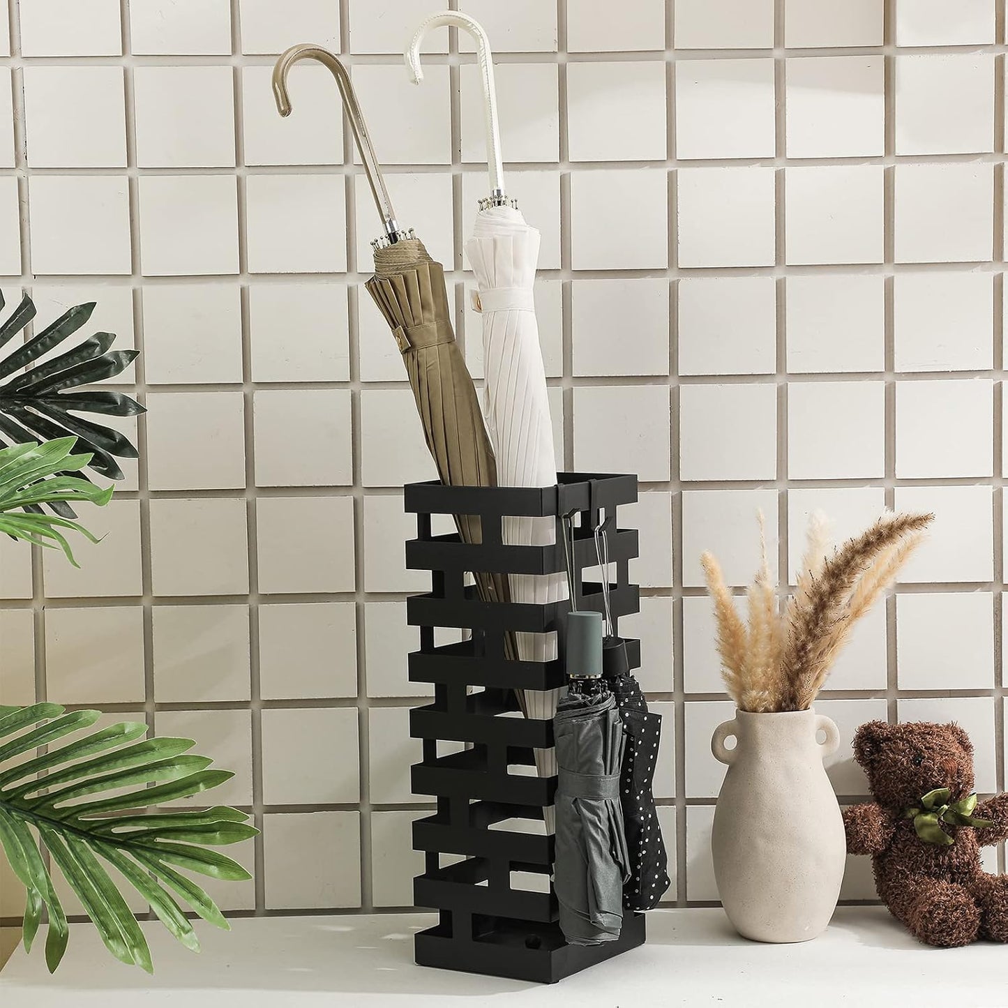 Tudomro Umbrella Stands for Entryway Large Metal Umbrella Holder 6.3 x 5.5 x 16.5 Inches with Removable Water Tray and Hooks Decor Freestanding Rectangular Hollow Rack for Home Office(Black)
