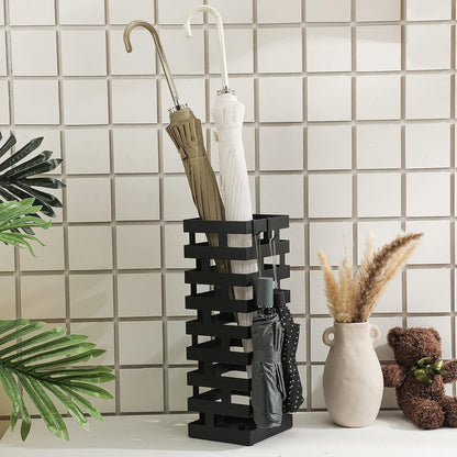 Tudomro Umbrella Stands for Entryway Large Metal Umbrella Holder 6.3 x 5.5 x 16.5 Inches with Removable Water Tray and Hooks Decor Freestanding Rectangular Hollow Rack for Home Office(Black)