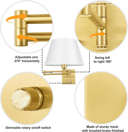 TRLIFE Wall Sconce Plug in, Dimmable Wall Sconces Set of Two Swing Arm Wall Lights with Plug in Cord and On/Off Dimmer Rotary Switch, 9.4" Medium Beige Fabric Shade(2 Pack, 2 Bulbs)