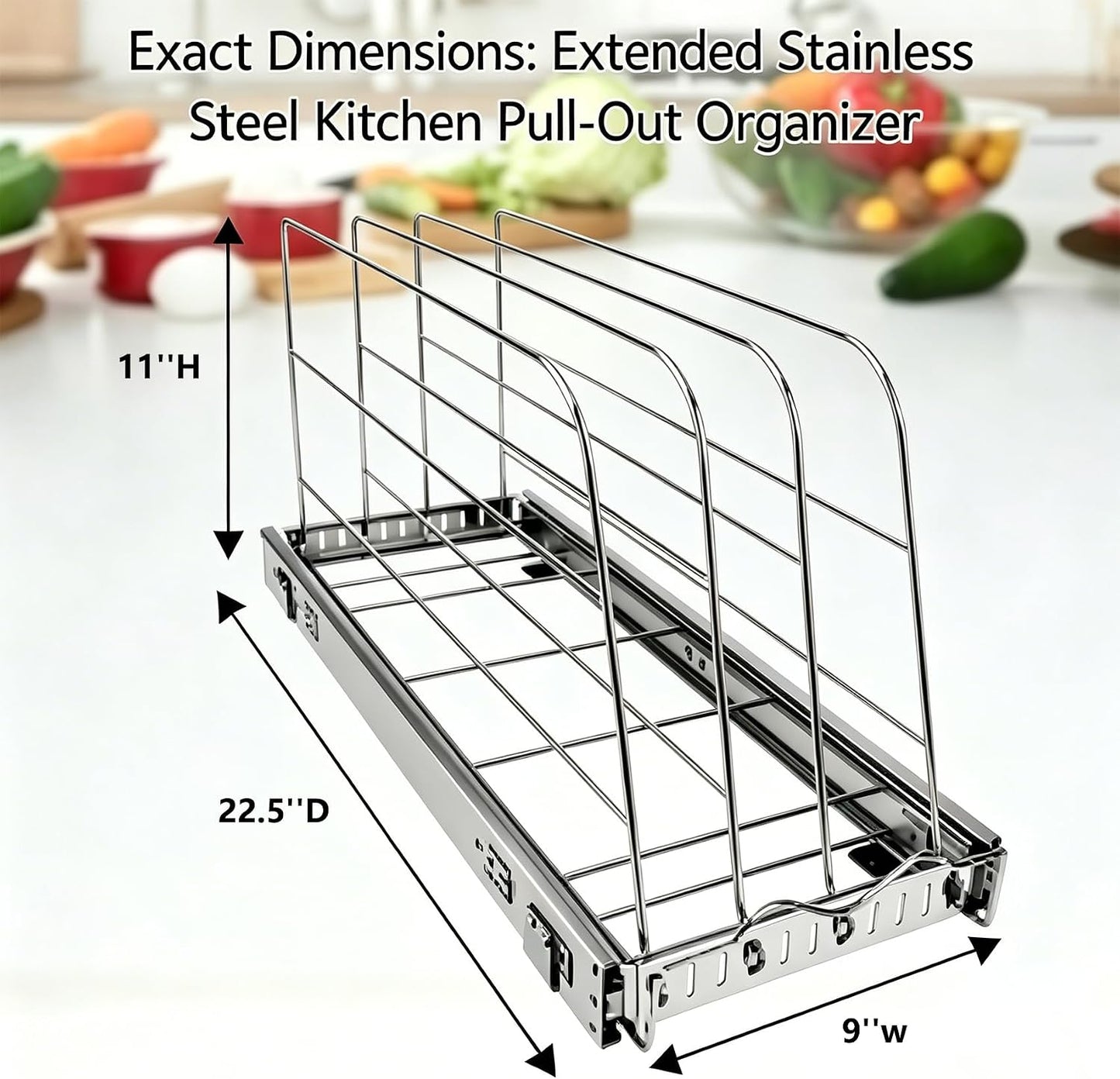 Pull Out Baking Pan Organizer for Cabinet, Cookie Sheet, Cutting Board, Tray Organizer for Cabinet, Adjustable, 22.5"D x11"H x 9"W, Pull/Slide Out Organizer-Heavy Duty, Chrome steel, 50-Year Warranty