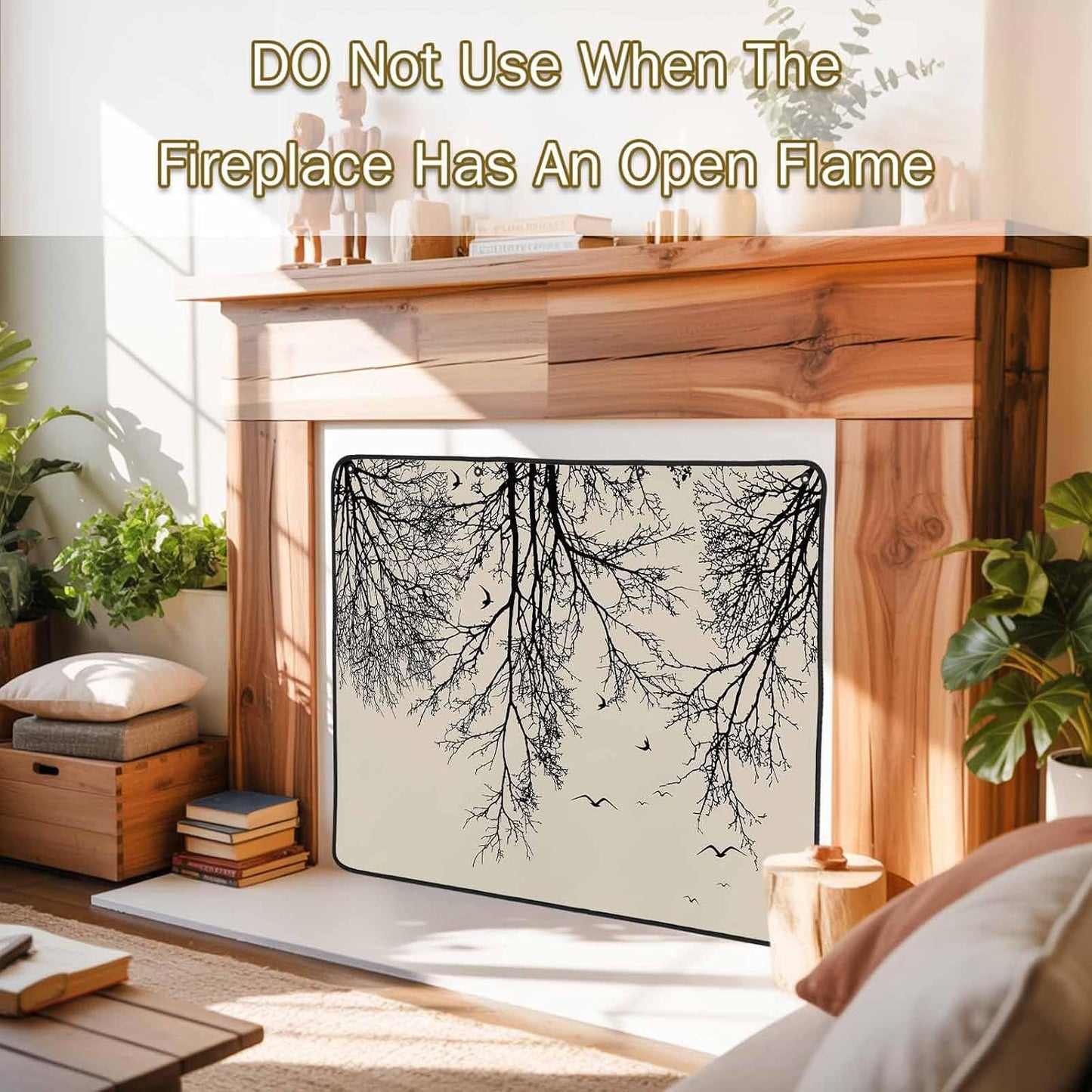 Magnetic Fireplace Cover Tree Branches Bird Fireplace Screen Decorative Brown Black Twigs Deadwood Insulation Fireplace Blocker Save Energy Fireplace Draft Stopper Covers for Living Room 45x34 Inch