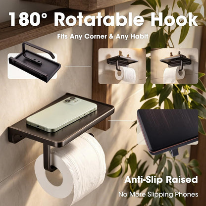 TRUSTMI Toilet Paper Holder with Phone Shelf, Zinc Alloy, Brushed Gold | Solid zinc alloy holder holds 15 lbs and fits jumbo rolls. Shelf stores phones and wipes for easy bathroom organization