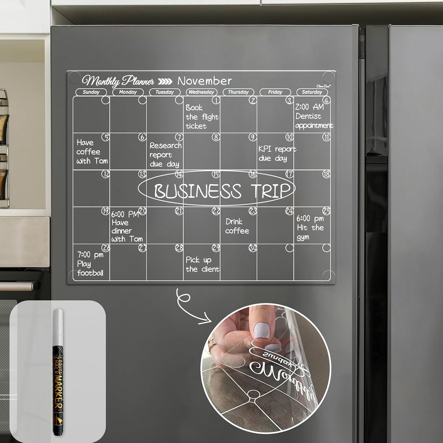 Clear Non-Magnetic Calendar Set for Fridge - Dry Erase Transparent Monthly and Weekly Calendar, List and Blank Whiteboard - Sticks to Wall, Glass, Door, Any Smooth Surfaces