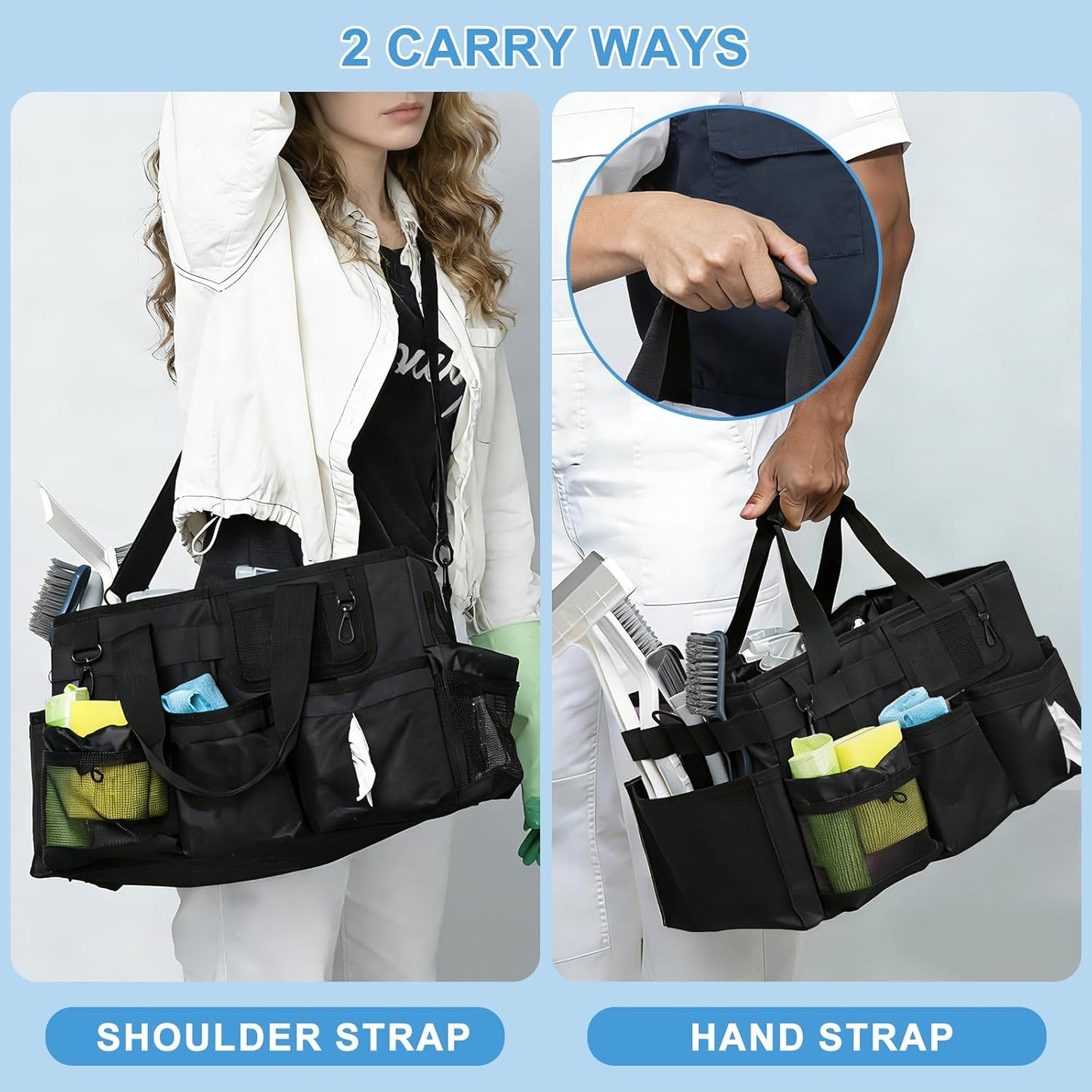 Large Wearable Cleaning Caddy Bags, Cleaning Supplies Organizer with Adjustable Shoulder Straps & Divider, 14 inch Black Tool Bag for Housekeepers & Cleaners