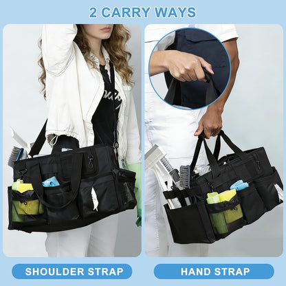 Large Wearable Cleaning Caddy Bags, Cleaning Supplies Organizer with Adjustable Shoulder Straps & Divider, 14 inch Black Tool Bag for Housekeepers & Cleaners